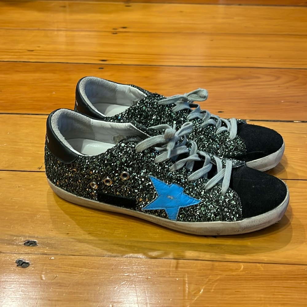 Golden Goose Black Glitter Sneakers with Blue Star